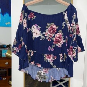 Navy Off The Shoulder Floral Long Sleeve Blouse